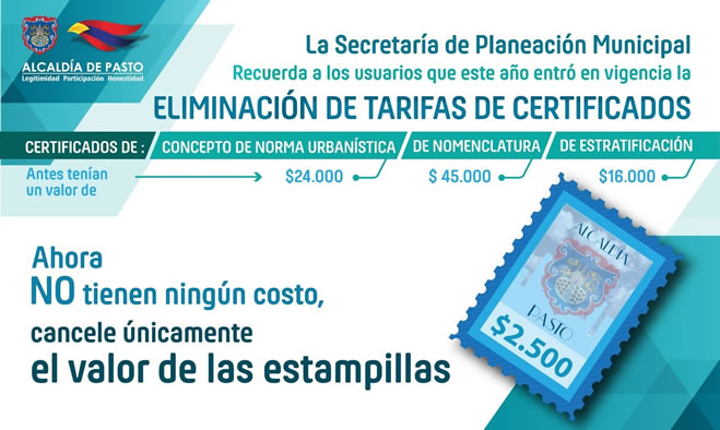 Eliminación de tarifas certificados Secretaría de Planeación municipal